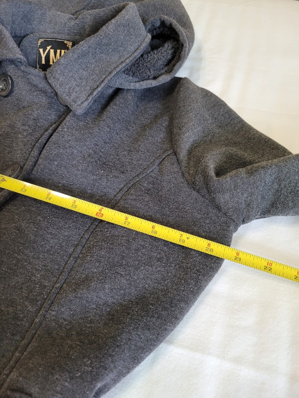 YMI Double-Breasted Jersey Knit Pea Coat, Hooded & Belted - Sz L, Gray, GUC - Picture 10 of 11